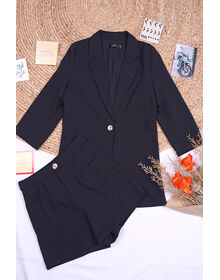 Fine Notch Collar Open Front Blazer & Short Pants Set (Black)